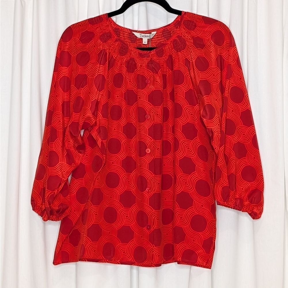 Tucker Classic Blouse Scarlet Maze in Crepe de Chine Silk Top Long Sleeves